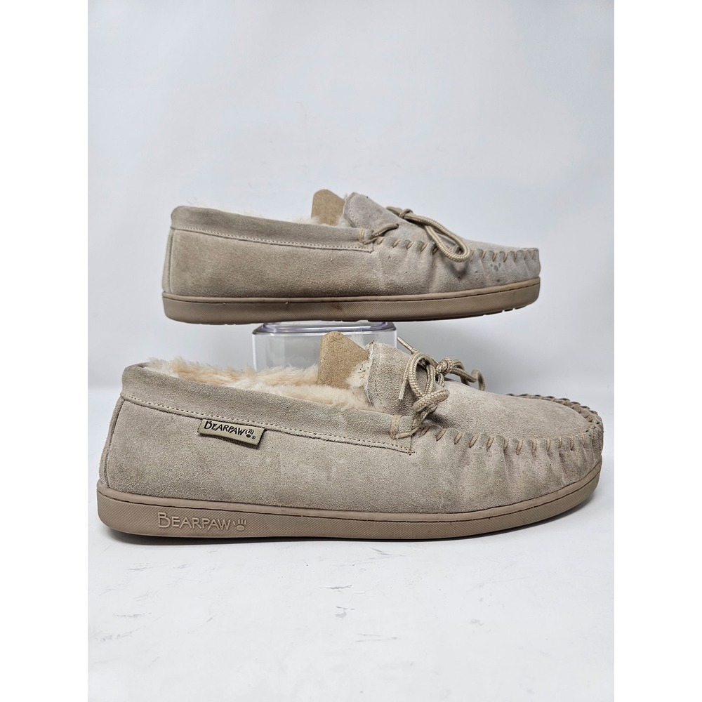 Bearpaw Moccasin Slippers Tan Suede‎ Fur Lined Slip On Women Size 13